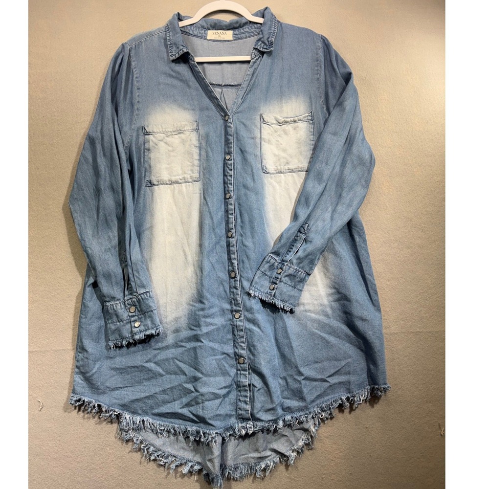 Zenana Womens Lyocell Chambray Frayed Hem Tunic Shirt Light Wash XL DT-1405AB